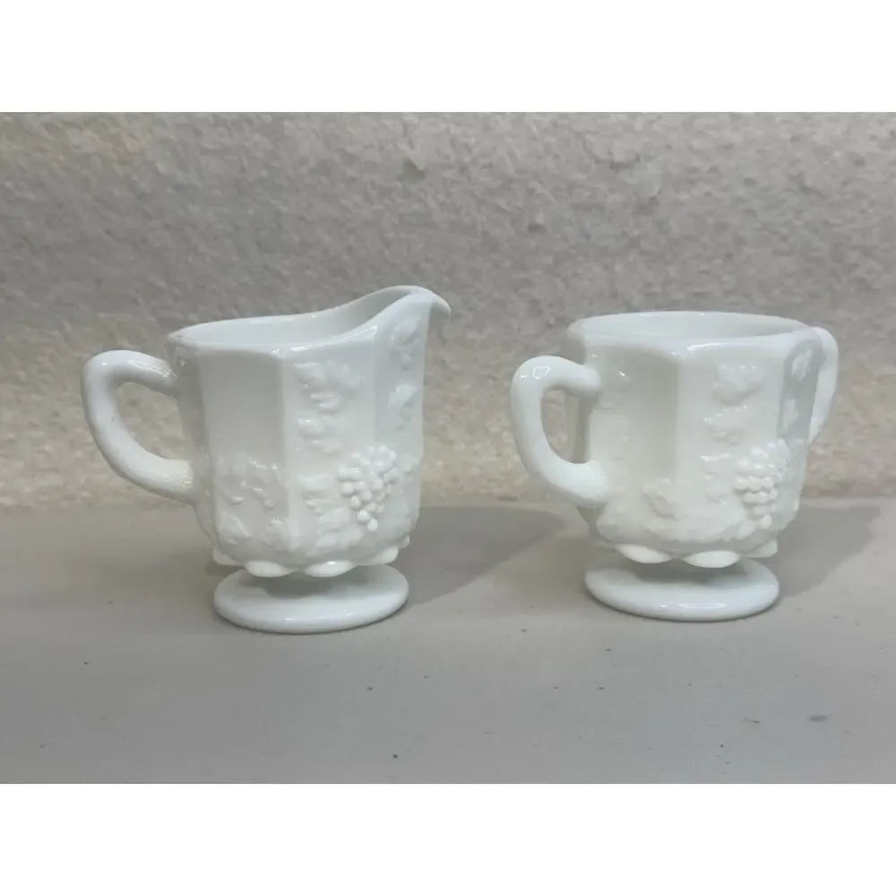 Westmoreland Milk White Glass Paneled Grape & Leaf Motif Creamer & Sugar Set VTG